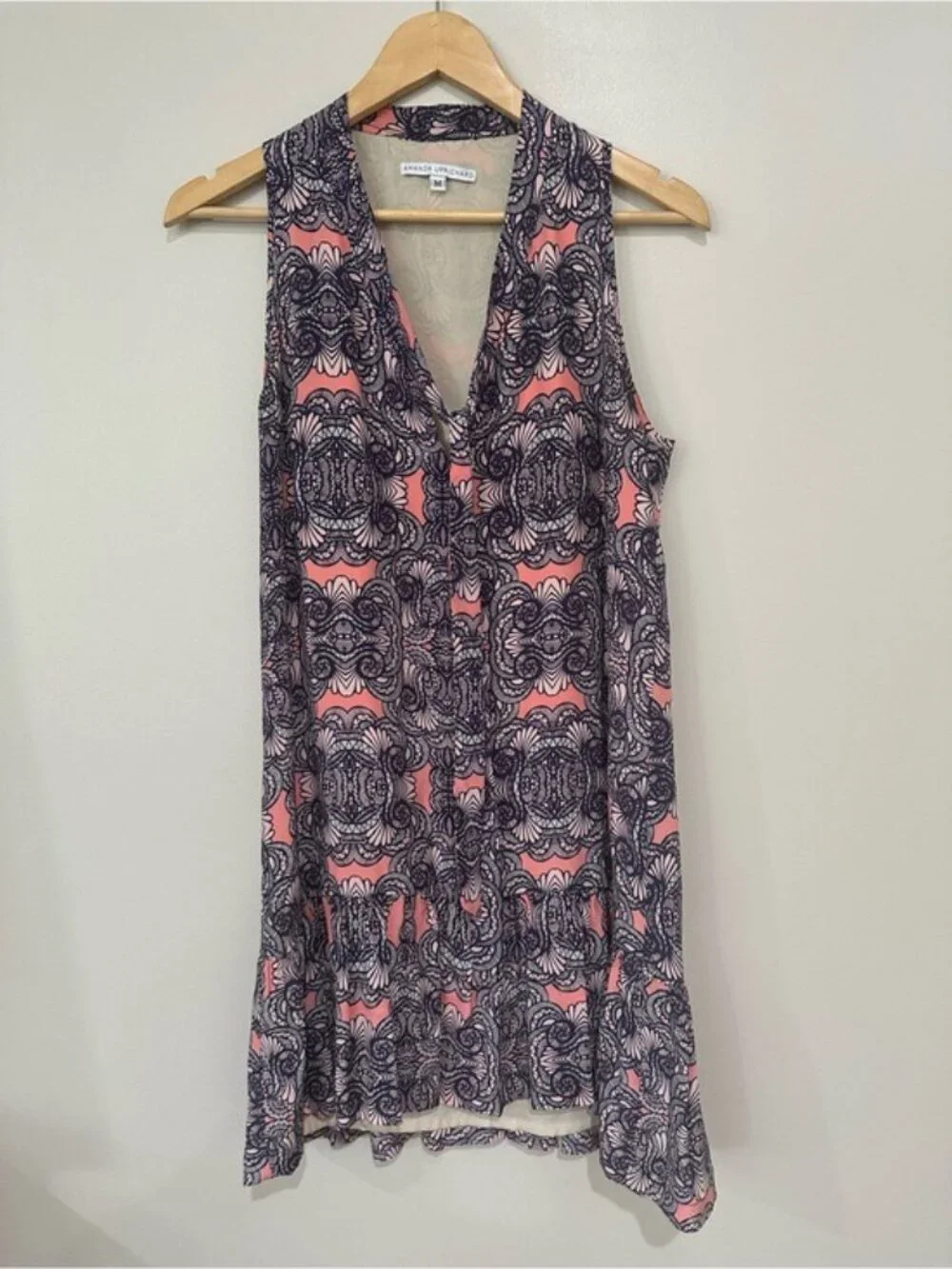 Amanda Uprichard Pink Navy Silk Sleeveless Knee Length Dress Medium Boho Resort